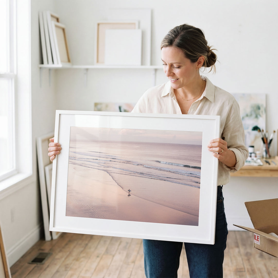 Lone Surfer on a Pink Beach I, Costa Rica wall art in a contemporary home