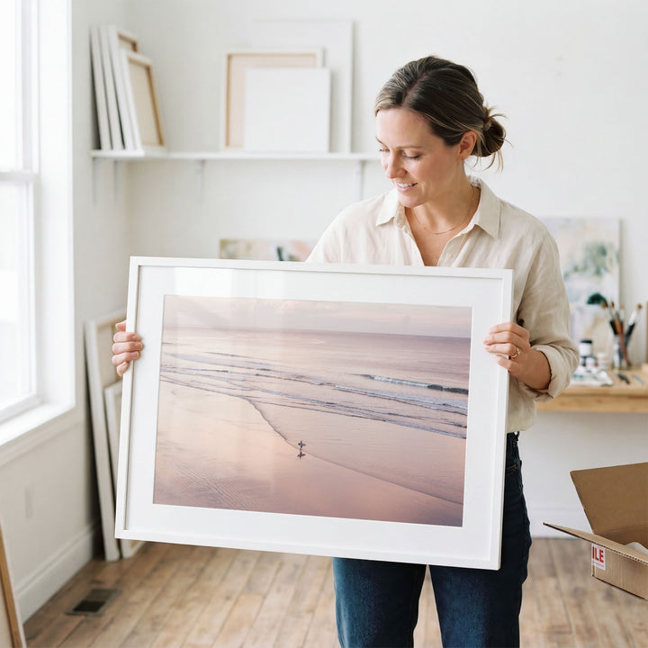 Lone Surfer on a Pink Beach I, Costa Rica wall art in a contemporary home