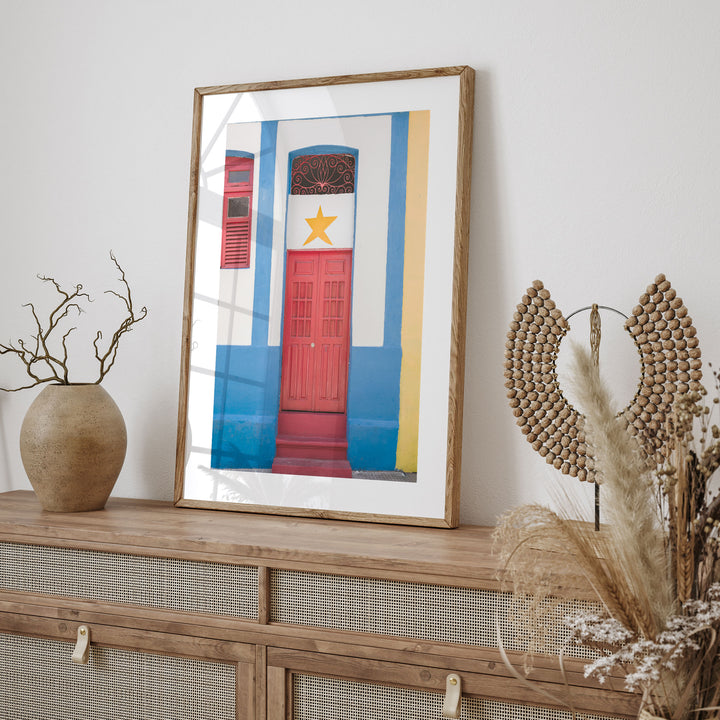 Red Door with Yellow Star, Olinda, Brazil framed print styled on the wall