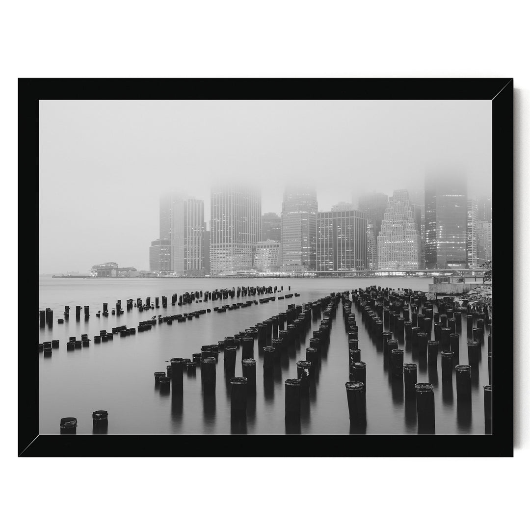 Foggy Manhattan Skyline, New York City – B&amp;W print in a black frame without mat
