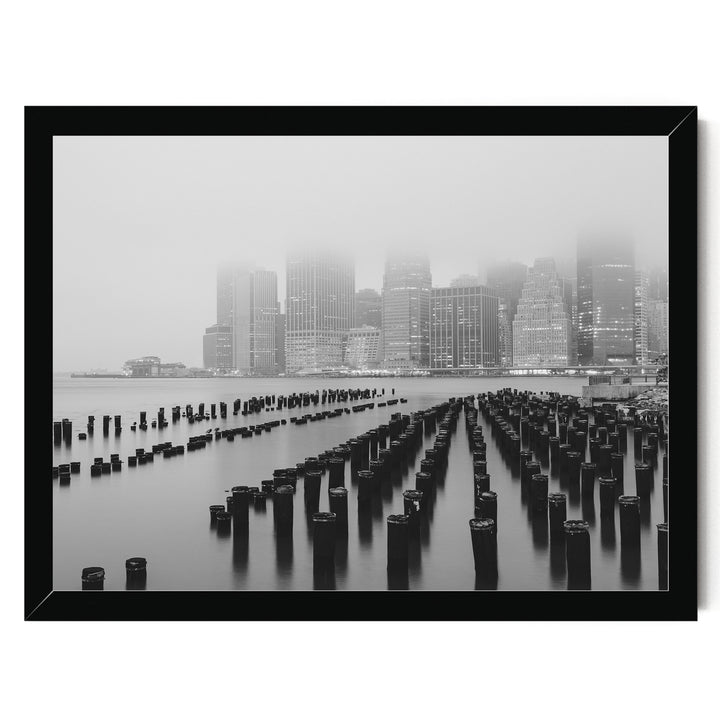 Foggy Manhattan Skyline, New York City – B&amp;W print in a black frame without mat
