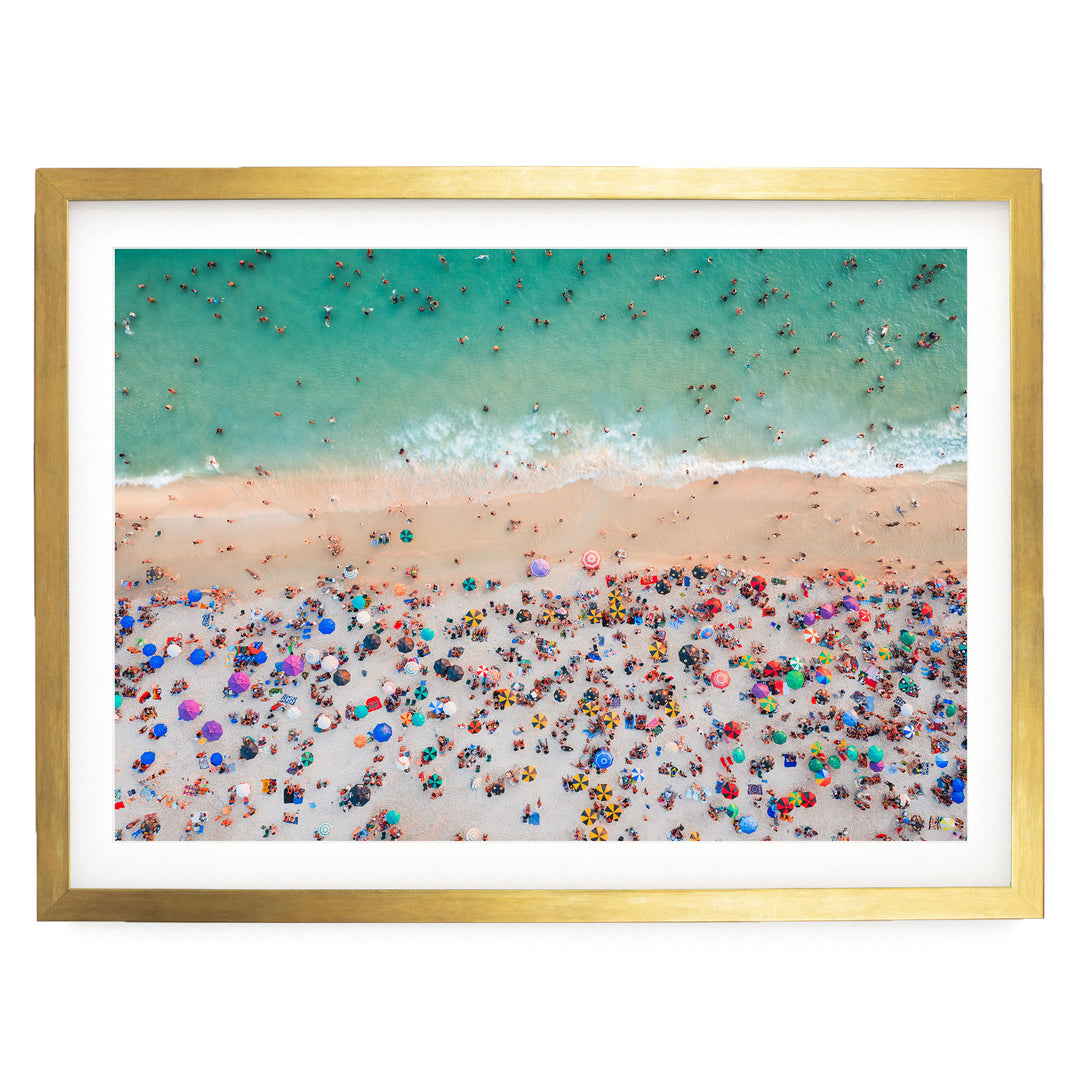 Beach Umbrellas from Above, Ipanema, Rio de Janeiro, Brazil print in a gold frame with white mat