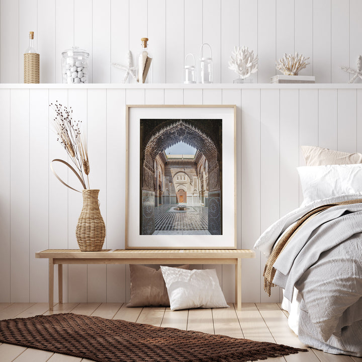 Ornate Madrasa Archway, Fes, Morocco framed wall art in a home interior