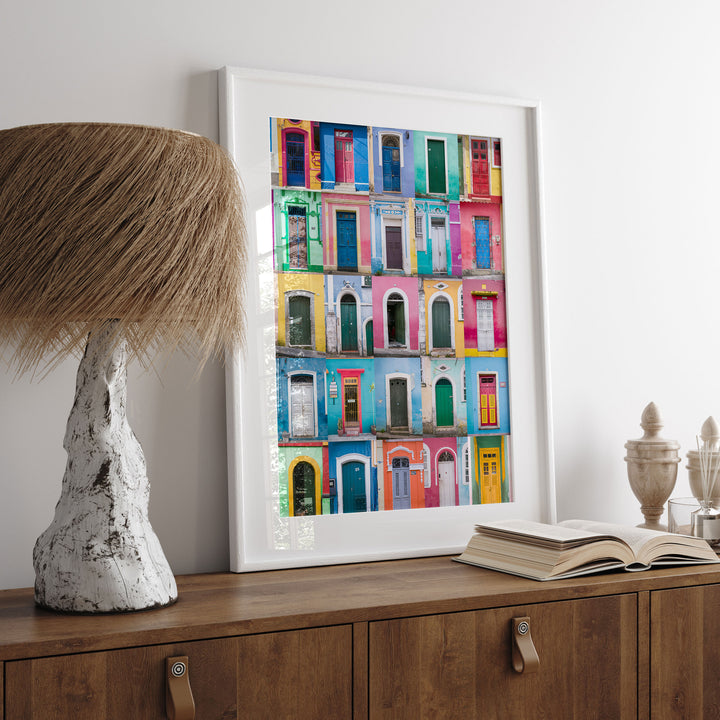 Colorful Doors of Brazil I print displayed in a bedroom setting