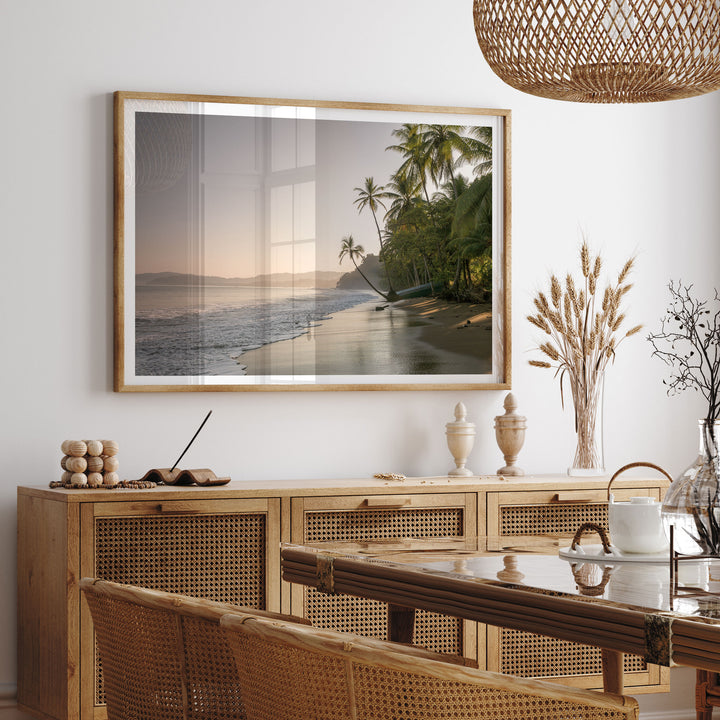 Palm Beach at Dawn, Drake Bay, Costa Rica framed print hanging in a styled interior