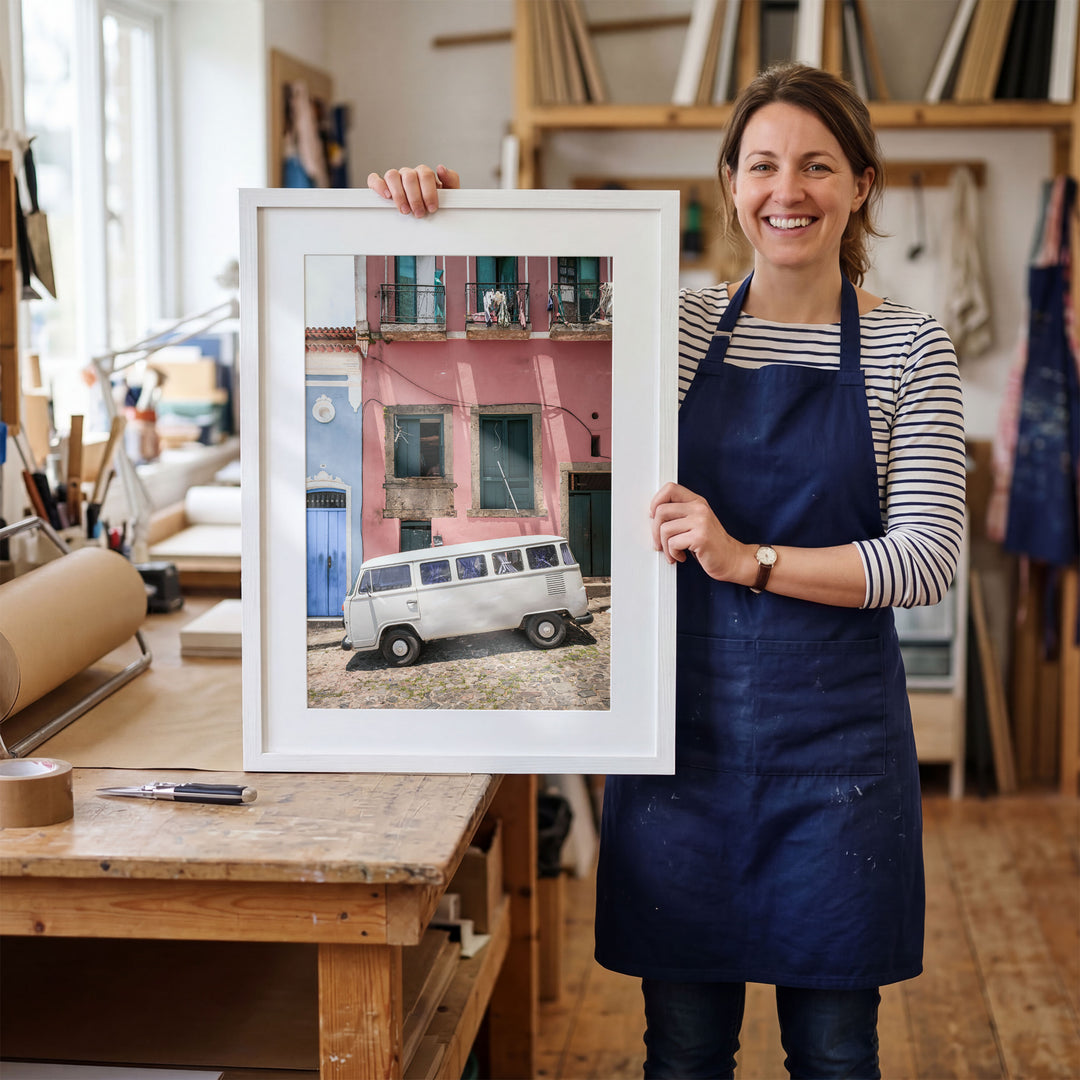 White Kombi Van, Pelourinho, Salvador, Brazil framed print in a dining room setting