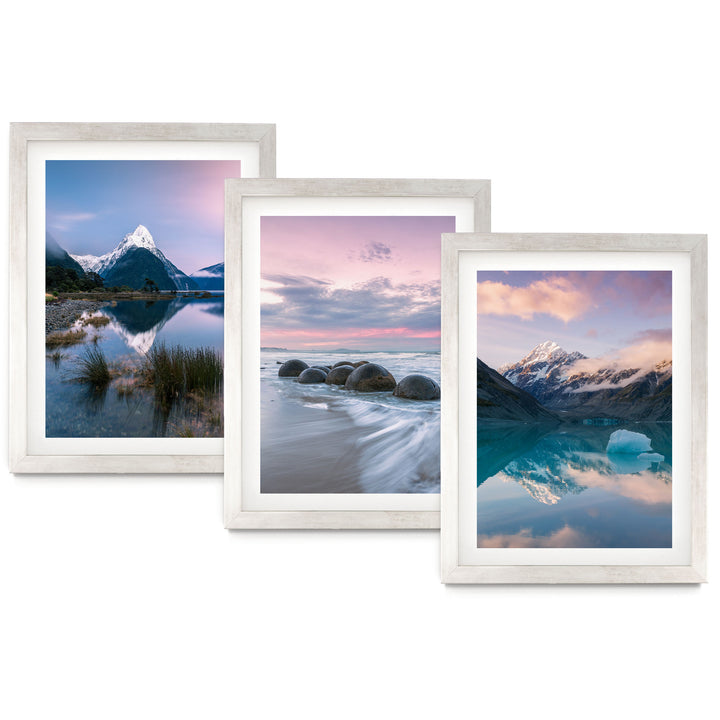 The image is a collage of three framed landscape photographs depicting various scenic mountain and beach scenes.