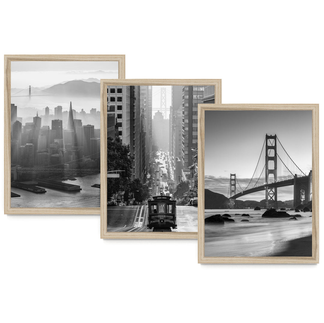 The image is a collage of three black and white photographs depicting various scenes from the San Francisco Bay area, including the Golden Gate Bridge, the city skyline, and a trolley car.