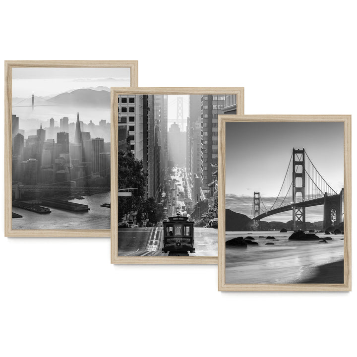 The image is a collage of three black and white photographs depicting various scenes from the San Francisco Bay area, including the Golden Gate Bridge, the city skyline, and a trolley car.