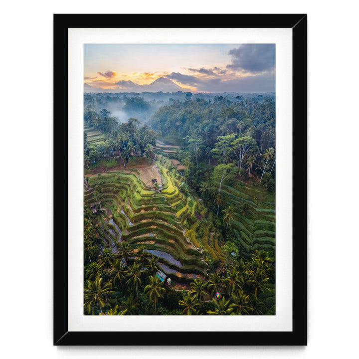 a lush, tropical landscape with terraced rice fields, palm trees, and a mountain range in the distance, all bathed in the warm glow of a sunset.