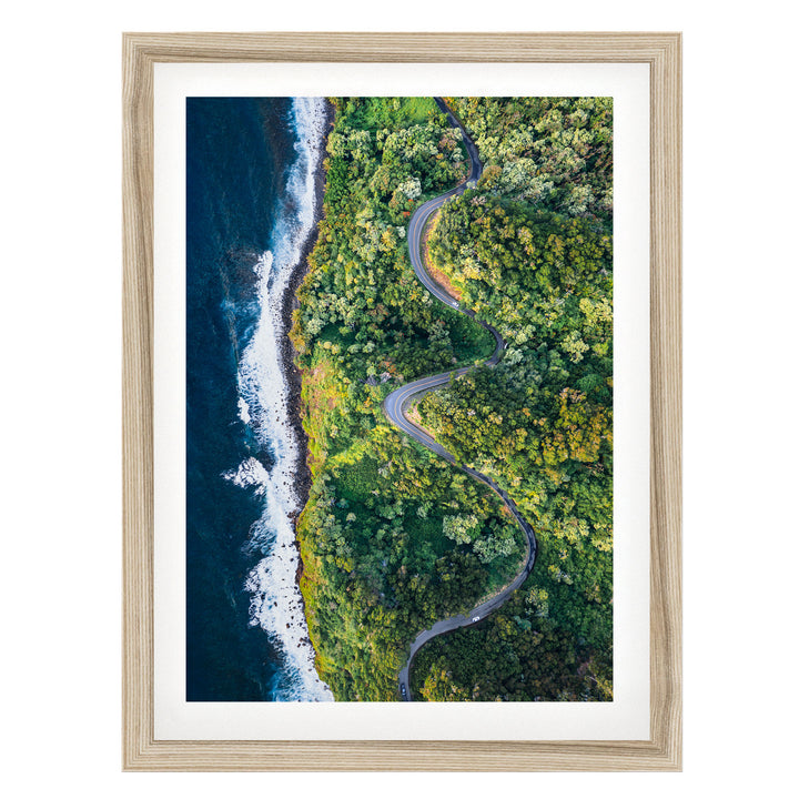 An aerial view of a winding road cutting through a lush, green forest, with the ocean visible on the left side.