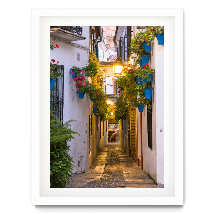 A narrow cobblestone street lined with colorful flower pots and plants, leading to a building with a balcony and a person sitting on a bench.