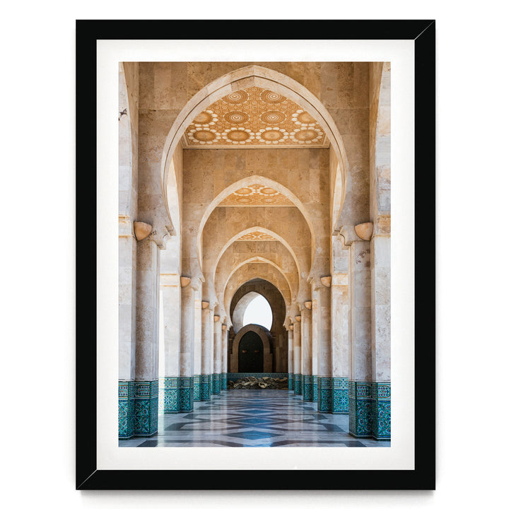 a long, ornate hallway with arched doorways and columns, creating a sense of depth and perspective.