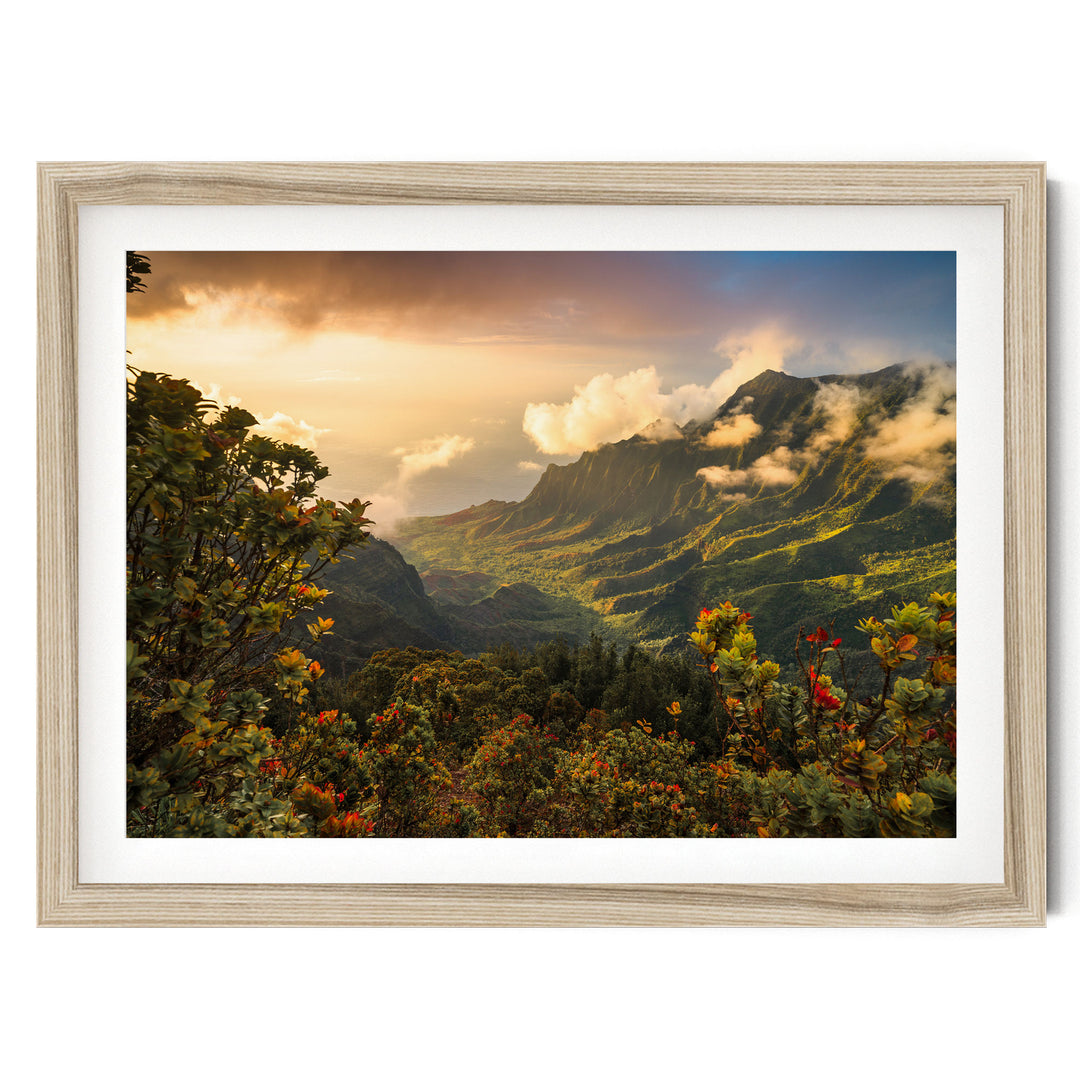 a breathtaking mountainous landscape with lush greenery, vibrant fall foliage, and a stunning sunset sky.