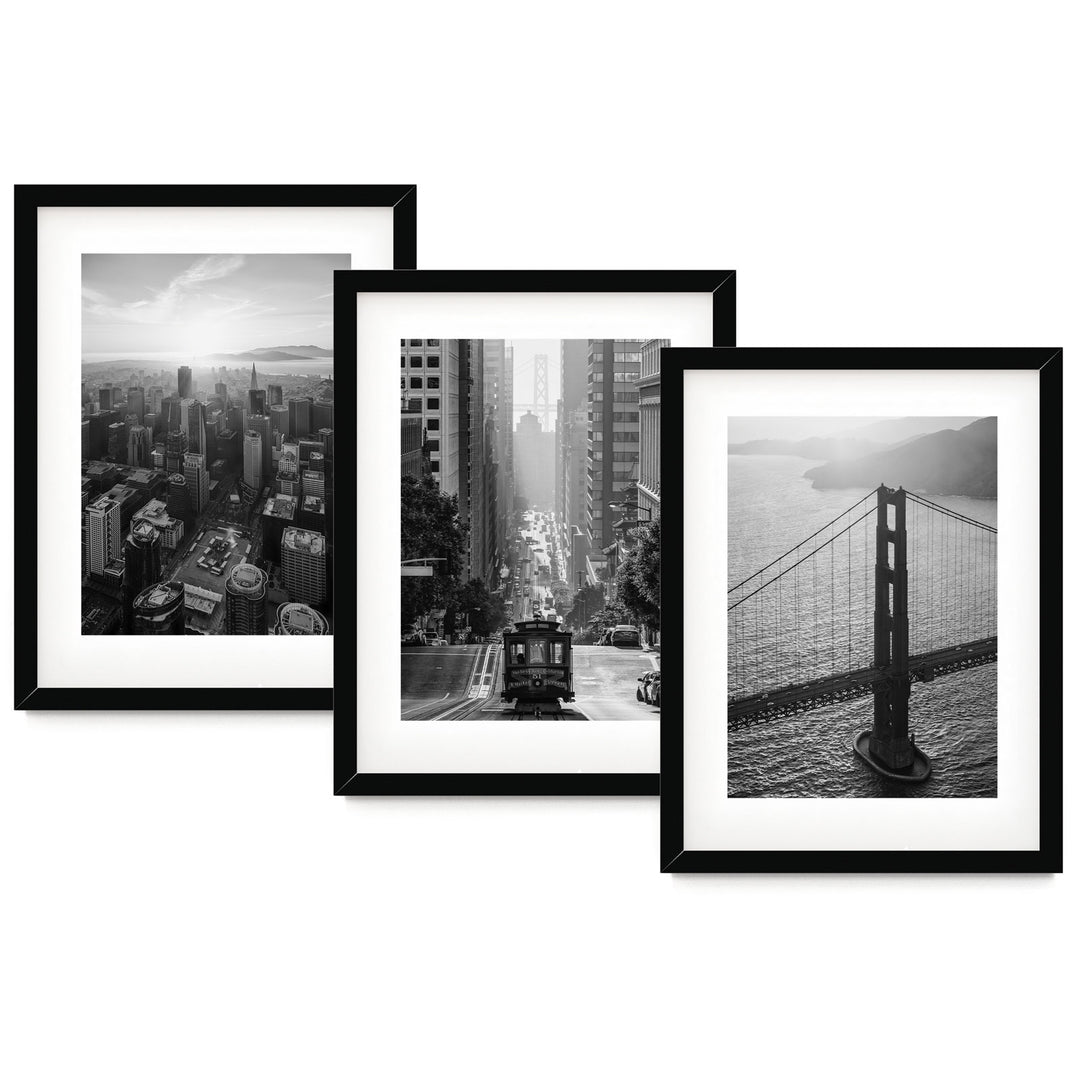 three black and white photos of the golden gate bridge