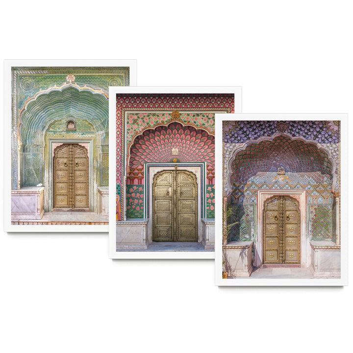 The image is a collage of three pictures depicting ornate, colorful doorways.