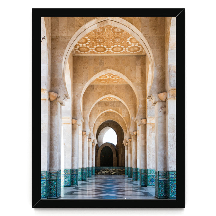 a long, ornate hallway with arched doorways and columns, creating a sense of depth and grandeur.