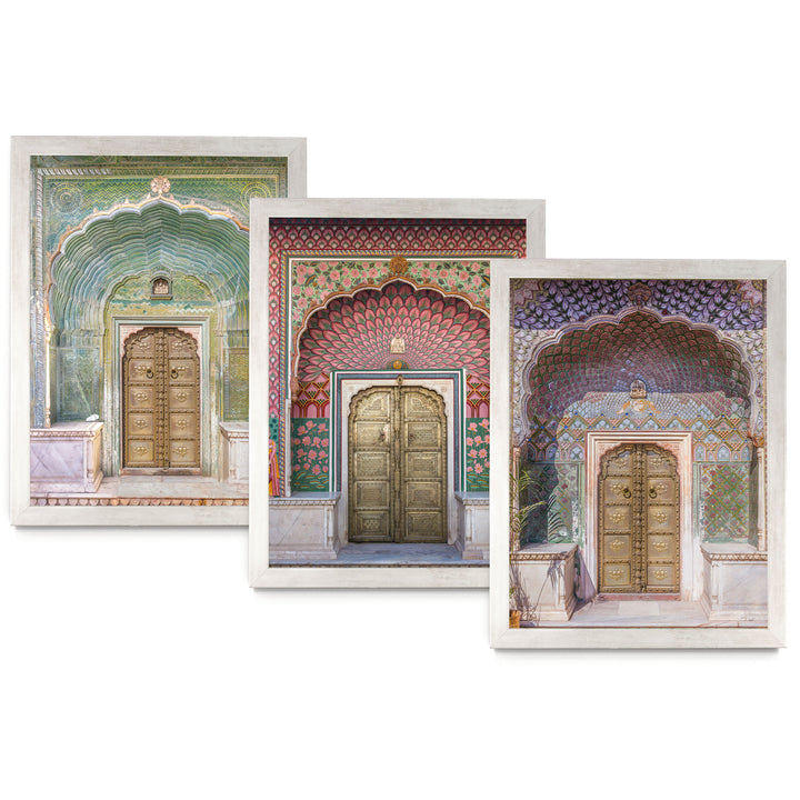 The image is a collage of three pictures depicting ornate, colorful doorways.