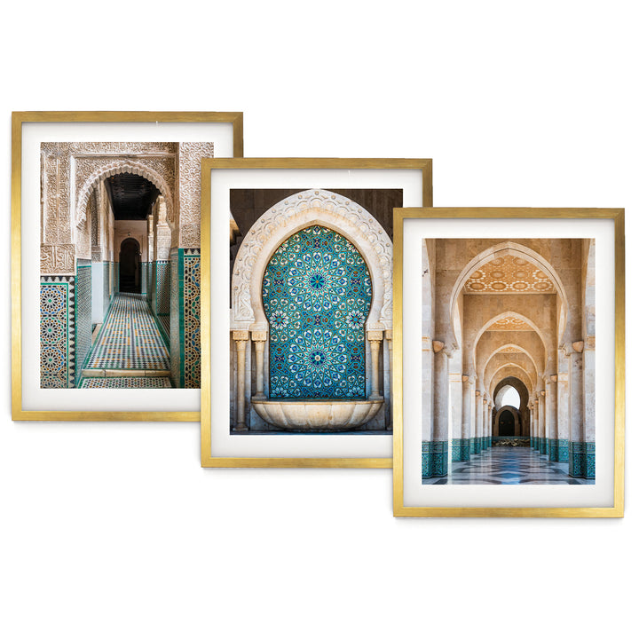 The image is a collage of three framed photographs depicting various architectural elements, including arches, columns, and intricate tile work.