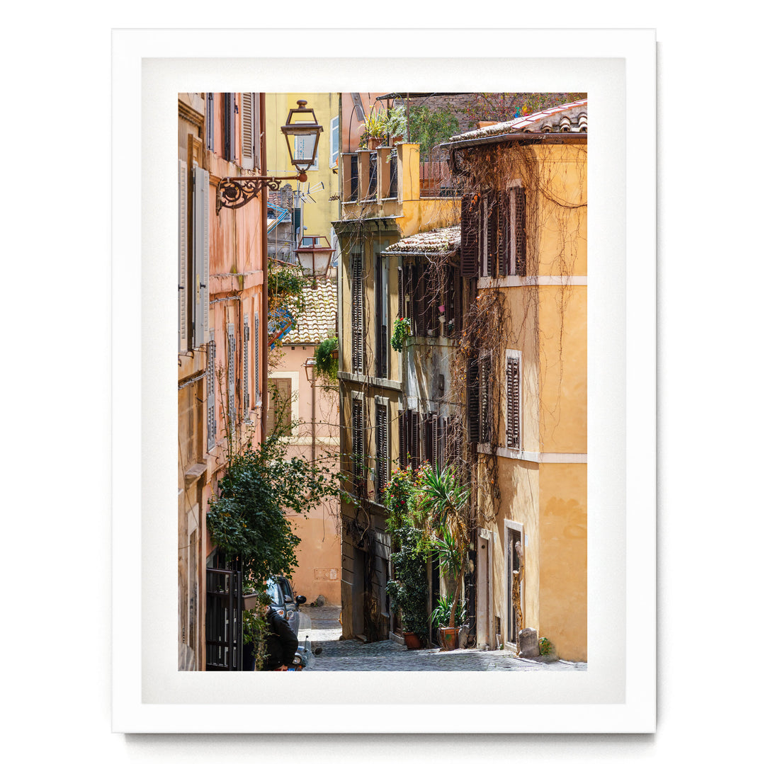 a narrow, charming street lined with colorful buildings, lush greenery, and a variety of potted plants.