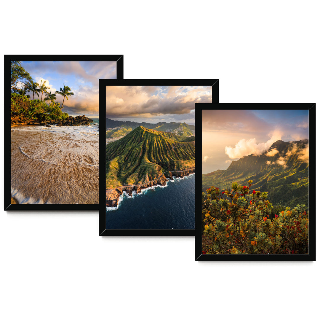 The image is a collage of three framed pictures depicting various landscapes, including a beach, mountains, and a coastal area.