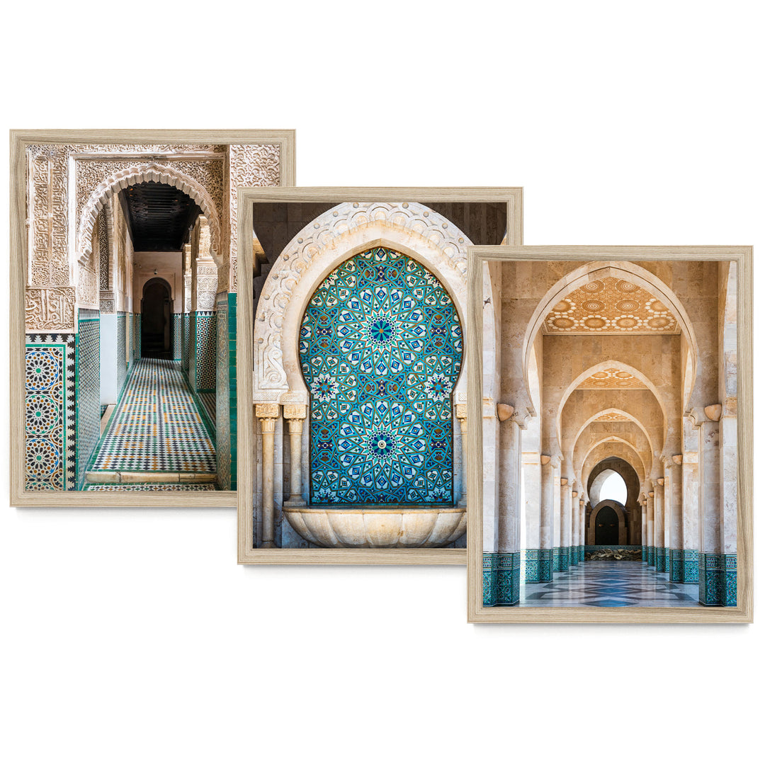 The image is a collage of three framed pictures depicting various architectural elements, including arches, columns, and intricate tile work.