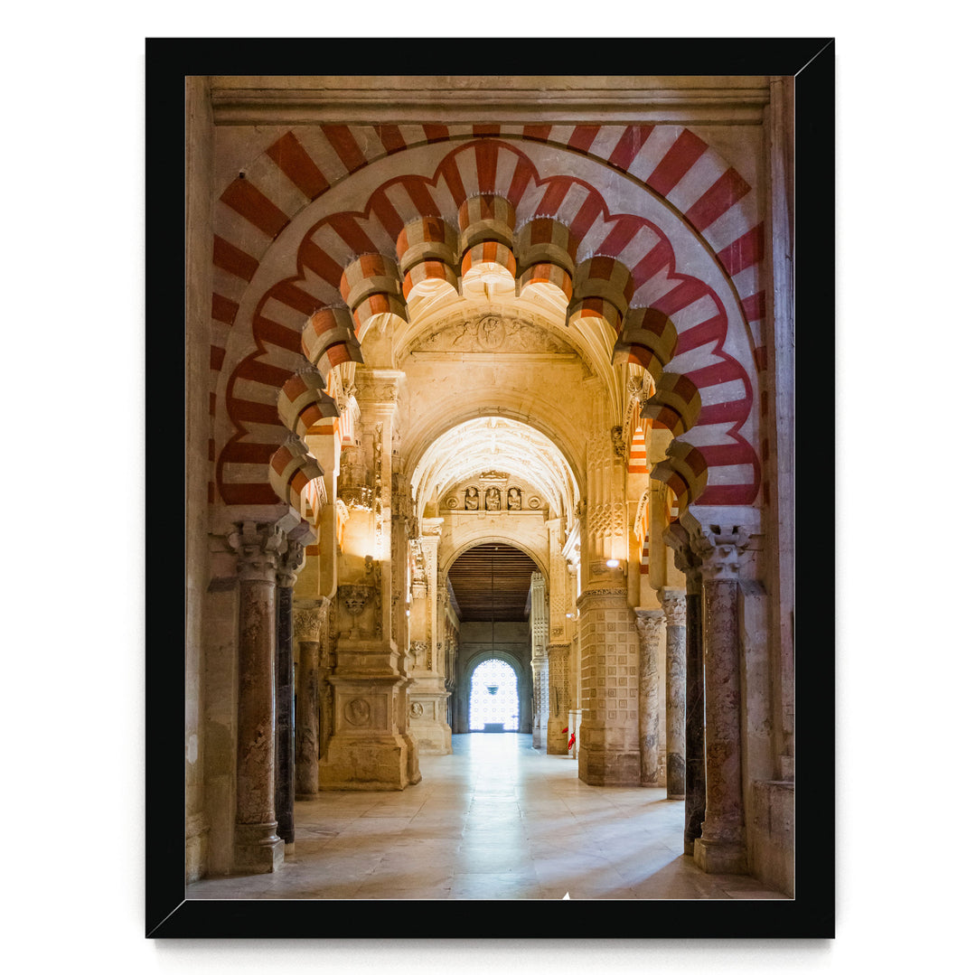 a grand, ornate hallway with arched doorways and columns, creating a sense of depth and architectural interest.