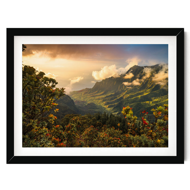 a breathtaking mountainous landscape with lush greenery, vibrant fall colors, and dramatic clouds in the sky.