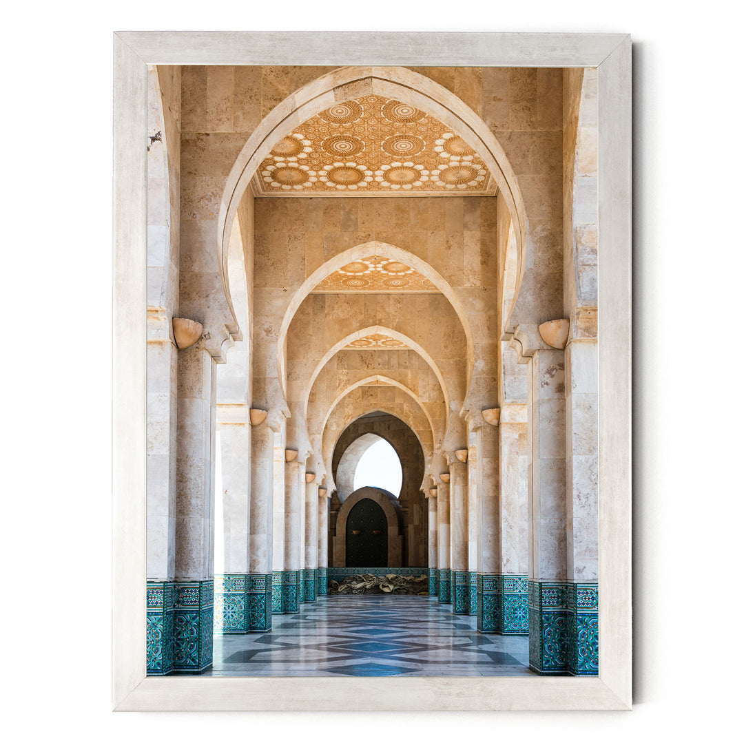 a long, ornate hallway with arched doorways and columns, creating a sense of depth and perspective.