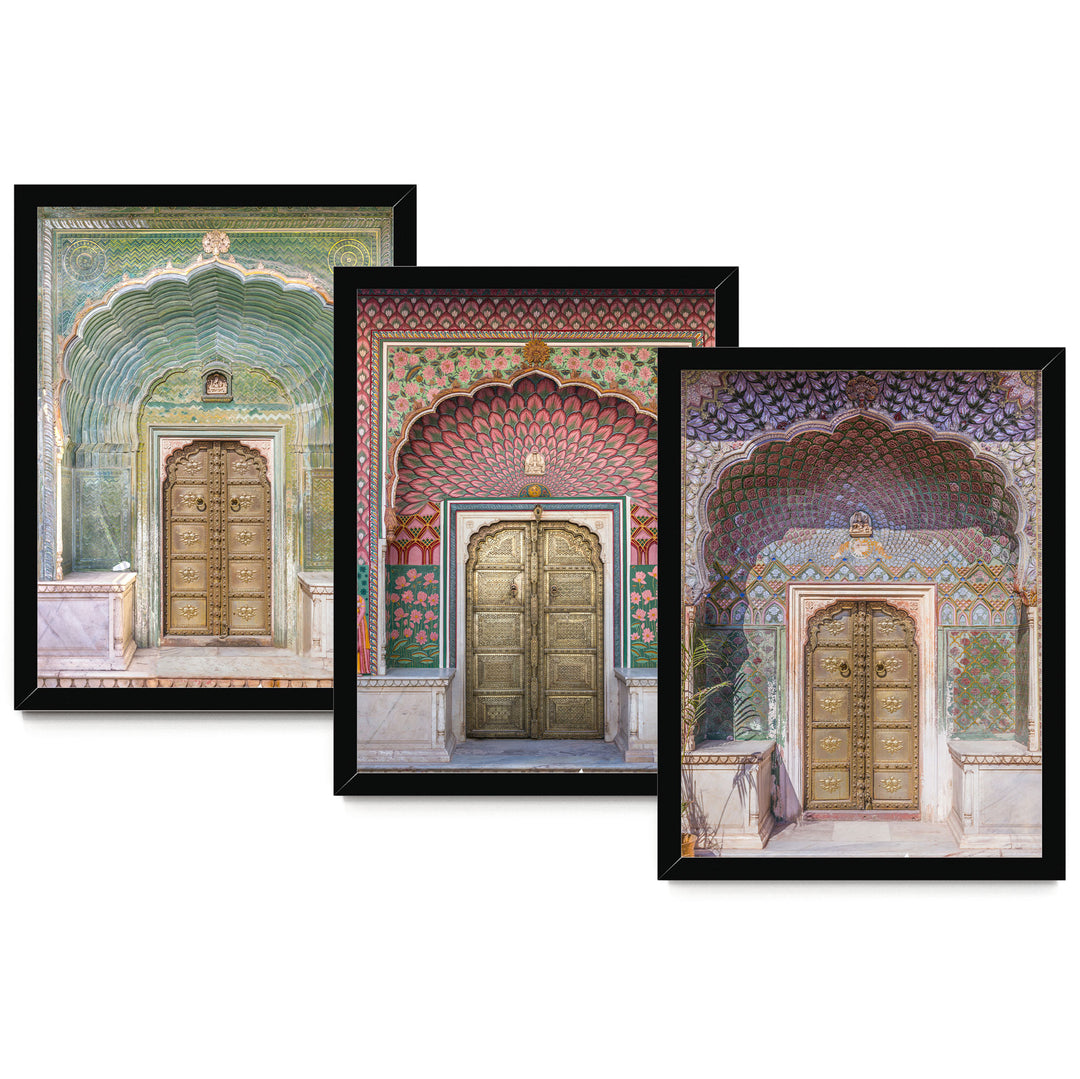 The image is a collage of three framed photographs depicting ornate, colorful doorways.