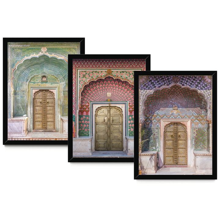 The image is a collage of three framed photographs depicting ornate, colorful doorways.