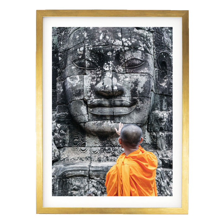 Monk at Bayon Temple, Angkor, Cambodia – fine art print in a gold frame with white mat