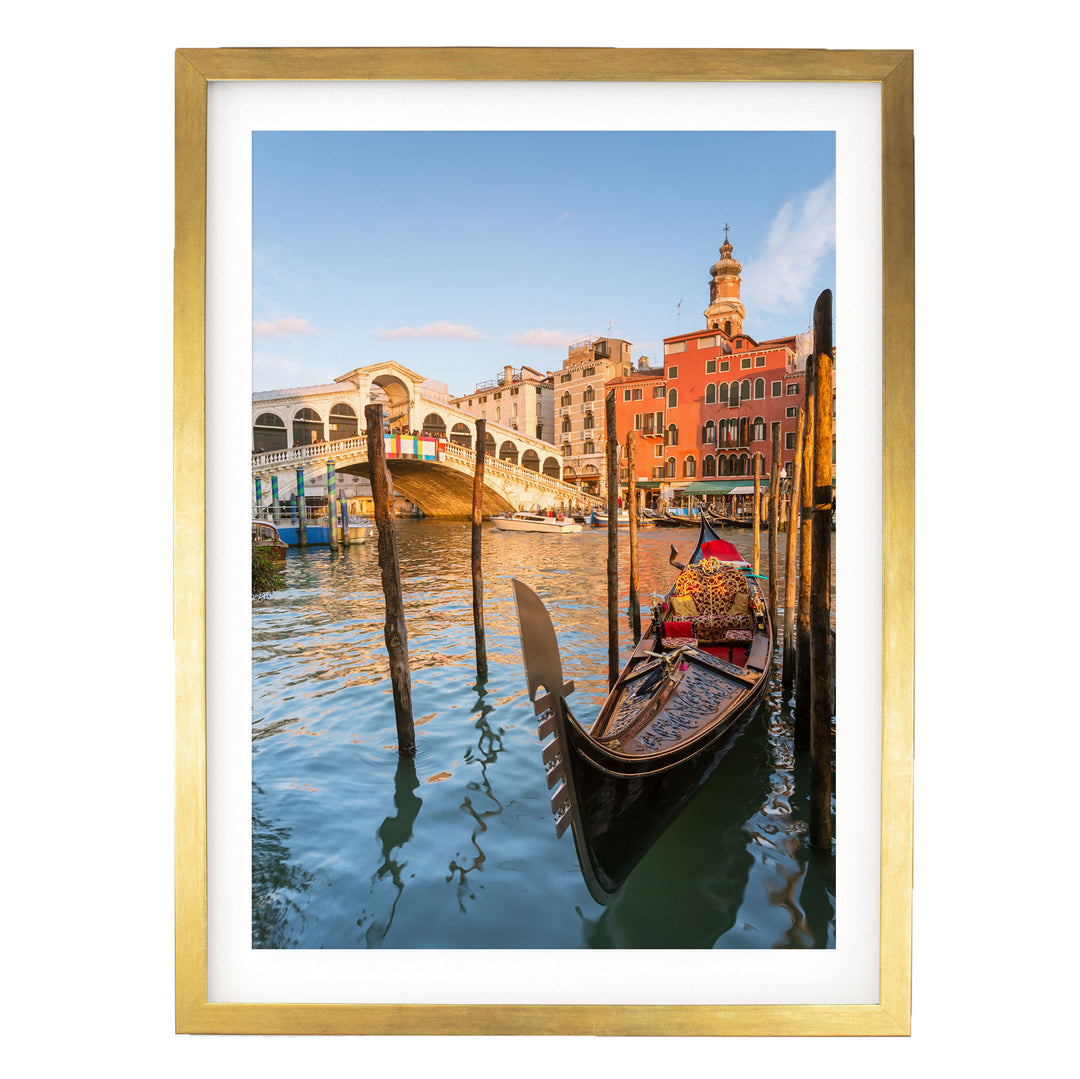 Gondola at the Rialto, Venice, Italy – fine art print in a gold frame with white mat