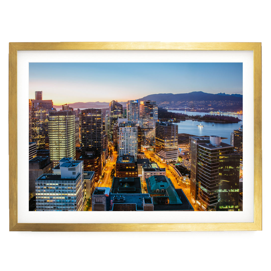 Vancouver Skyline, British Columbia, Canada – fine art print in a gold frame with white mat