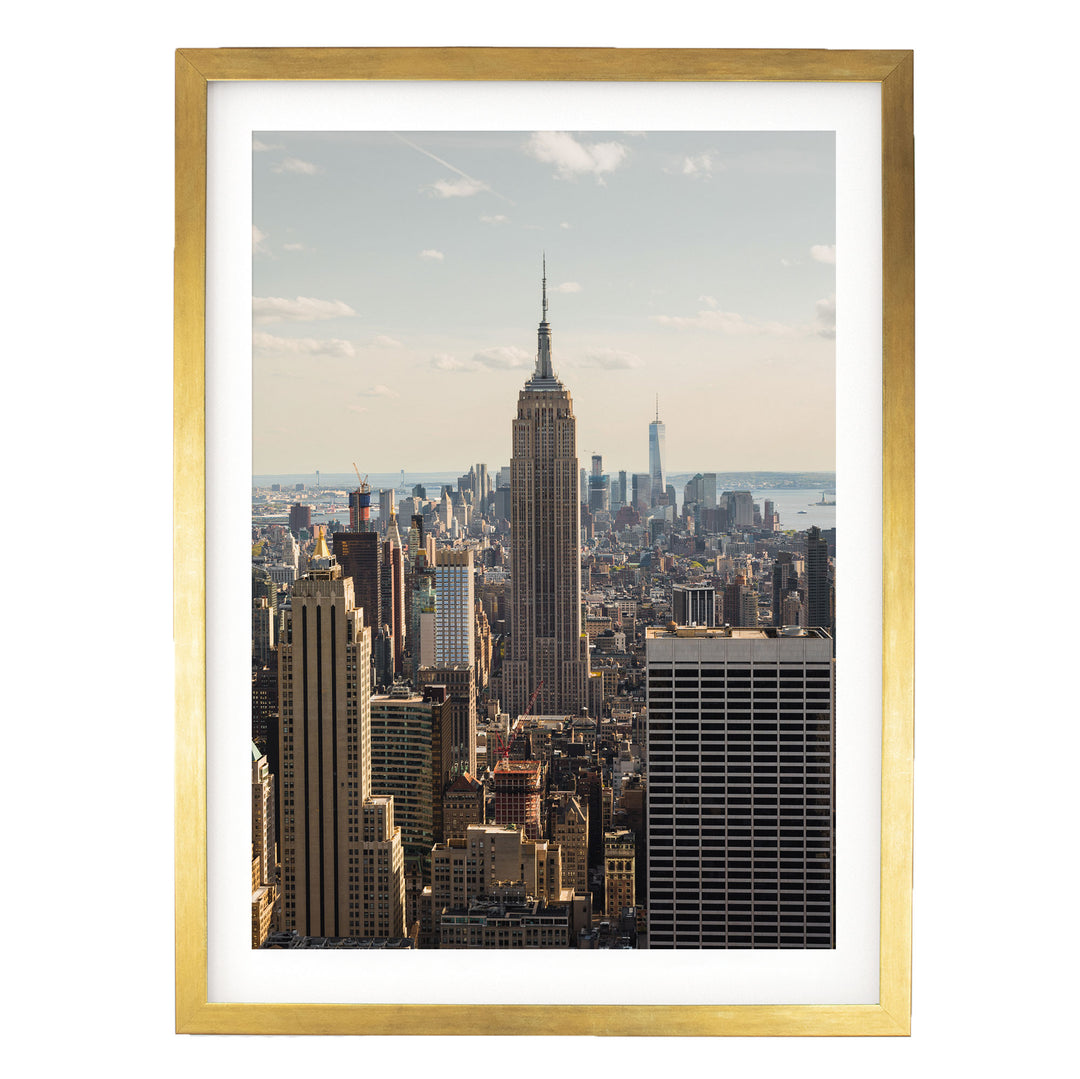 Empire State Building at Sunset, New York City – fine art print in a gold frame with white mat