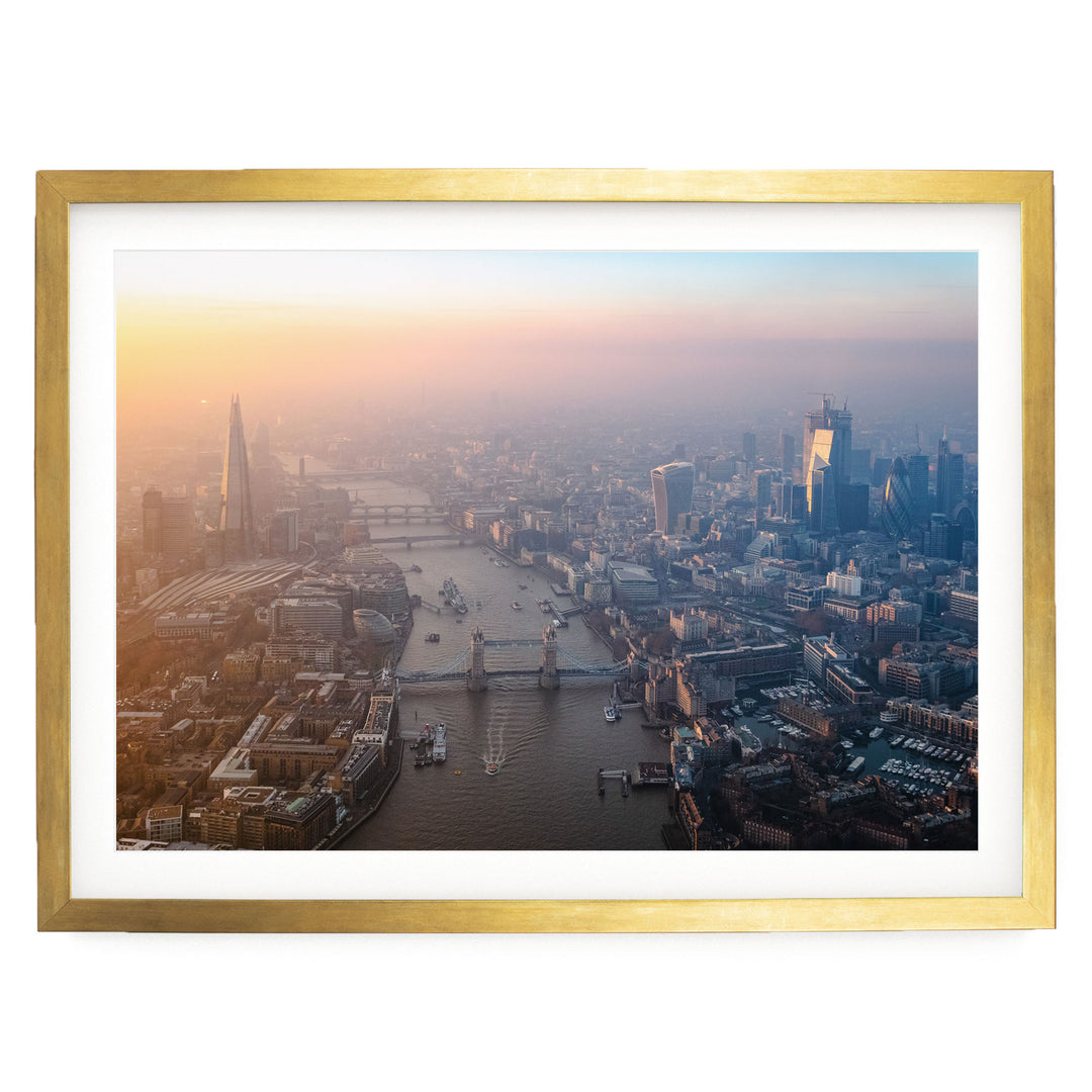 London Aerial II, England – fine art print in a gold frame with white mat