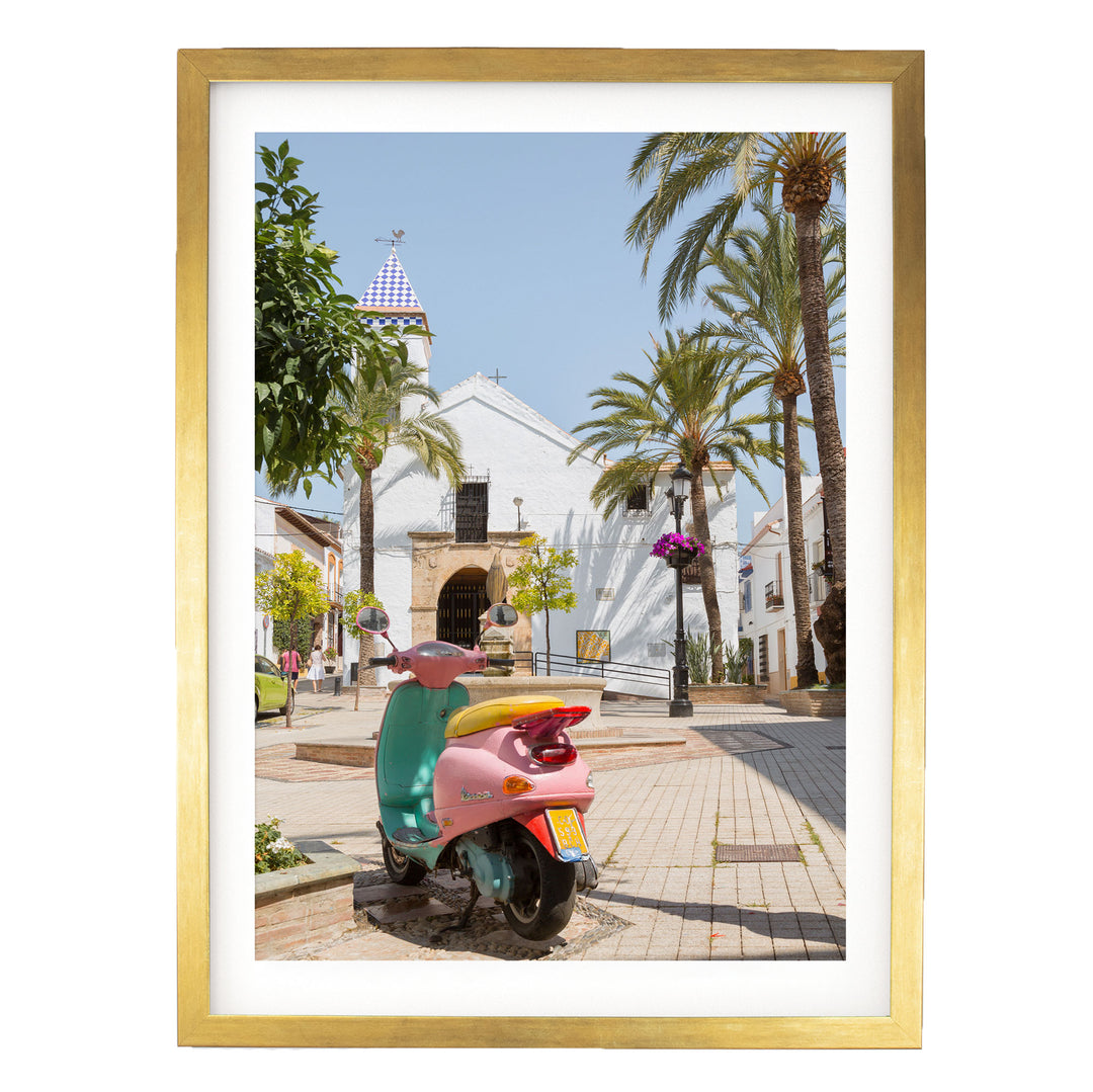 Colourful Vespa, Marbella, Spain – fine art print in a gold frame with white mat