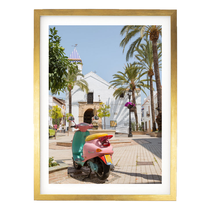Colourful Vespa, Marbella, Spain – fine art print in a gold frame with white mat
