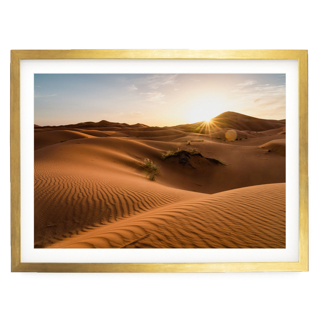 Sunset in the Sahara, Erg Chebbi, Morocco – fine art print in a gold frame with white mat