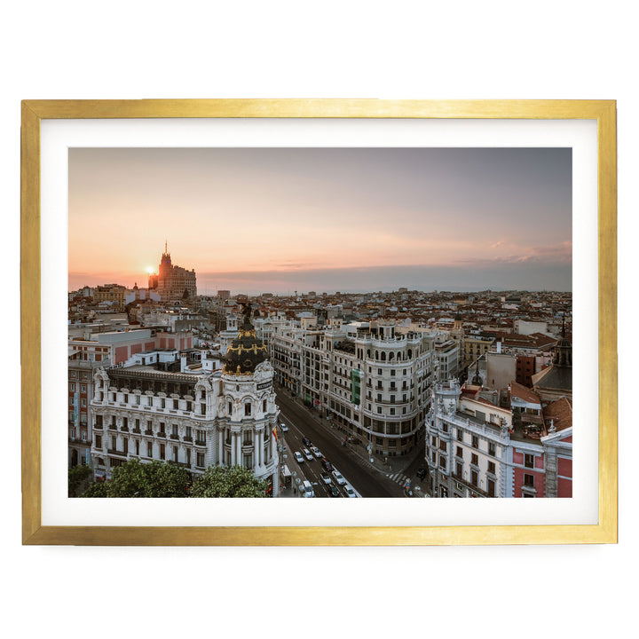 Sunset over Madrid, Spain – fine art print in a gold frame with white mat