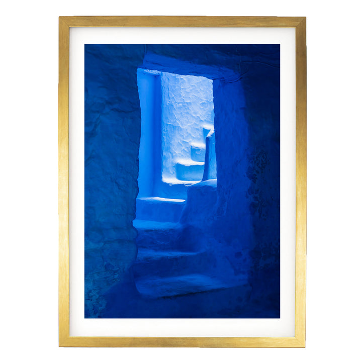 Blue Staircase, Chefchaouen, Morocco – fine art print in a gold frame with white mat