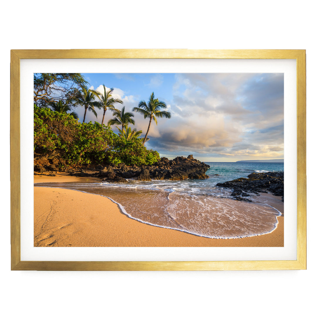 Maui Secret Beach at Sunset, Makena Cove, Hawaii – fine art print in a gold frame with white mat