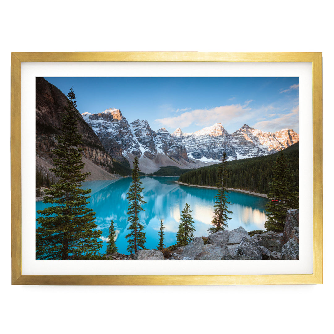 Moraine Lake I, Banff, Canada – fine art print in a gold frame with white mat