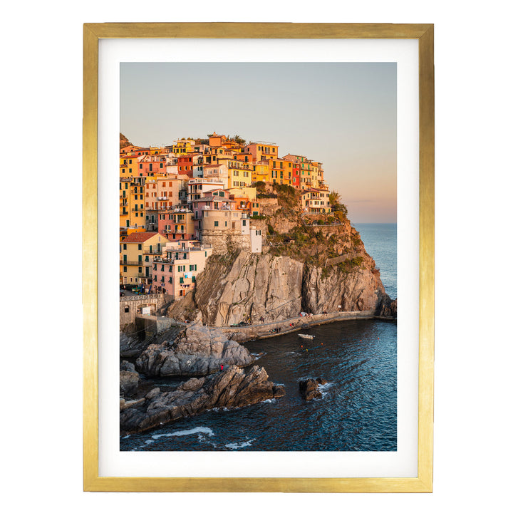 Manarola at Sunset, Cinque Terre, Italy – fine art print in a gold frame with white mat