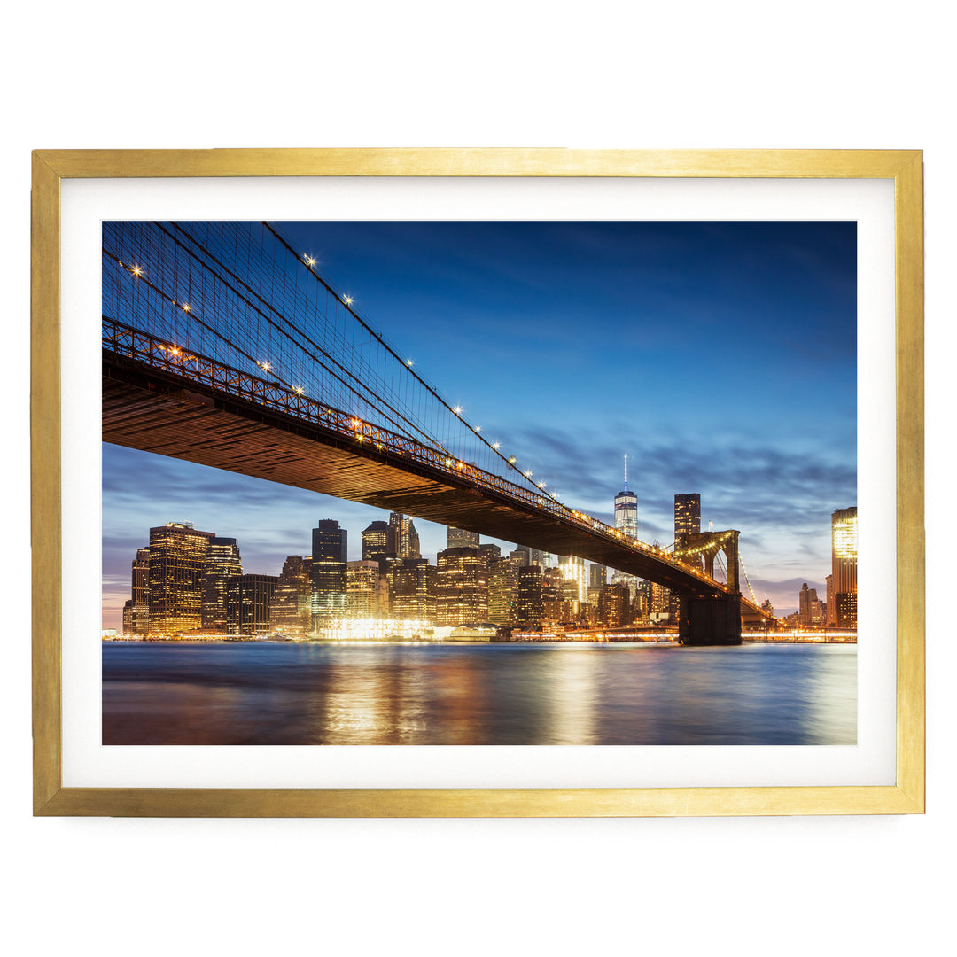 Brooklyn Bridge at Night, New York City – fine art print in a gold frame with white mat