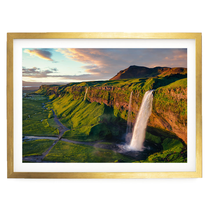 Seljalandsfoss Waterfall, Iceland – fine art print in a gold frame with white mat