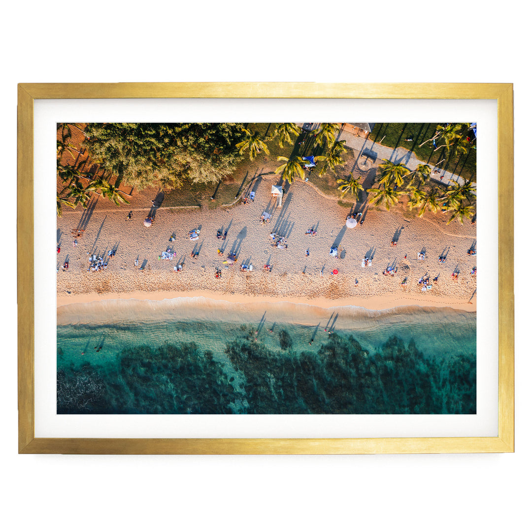 Waikiki Beach Aerial, Honolulu, Hawaii – fine art print in a gold frame with white mat