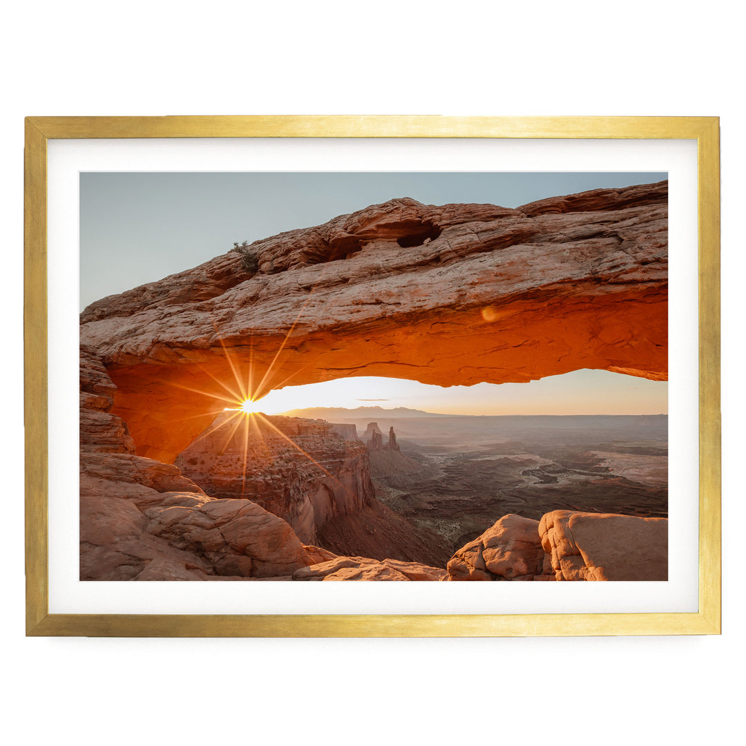 First Light on Mesa Arch, Canyonlands, Utah – fine art print in a gold frame with white mat