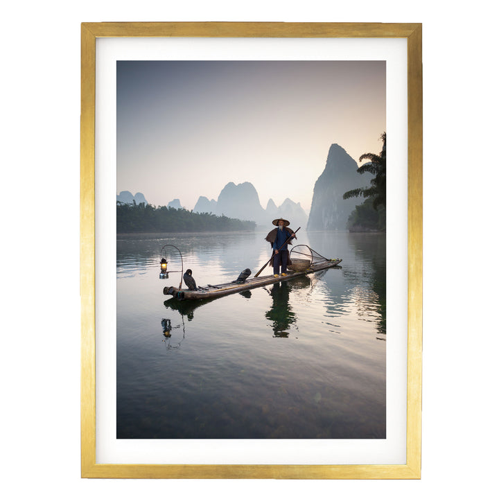 The Cormorant Fisherman, Myanmar – fine art print in a gold frame with white mat