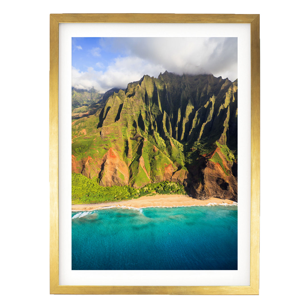 Kauai Cliffs III, Na Pali Coast, Hawaii – fine art print in a gold frame with white mat